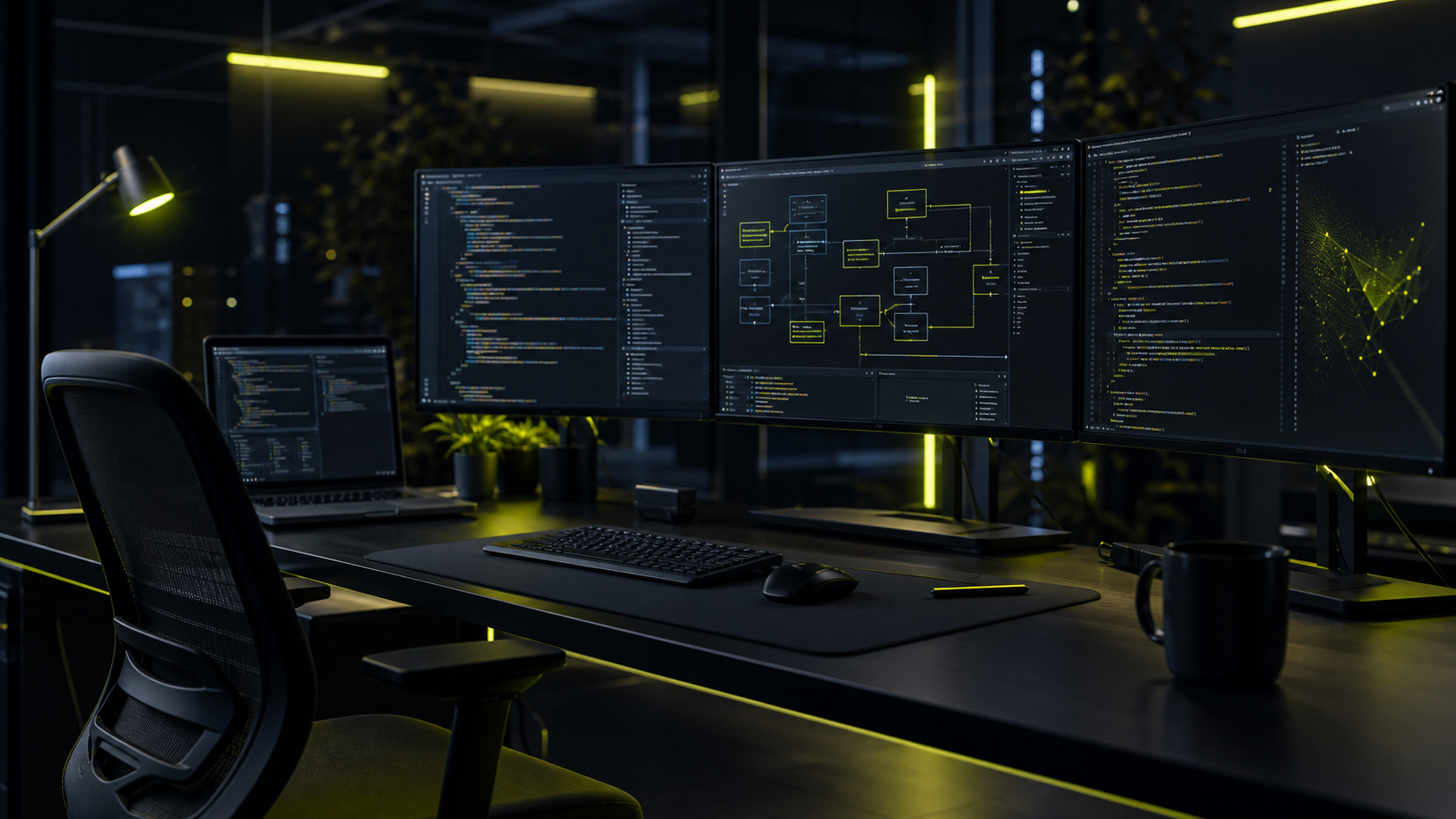 Dark enterprise software development workstation with code and architecture diagrams