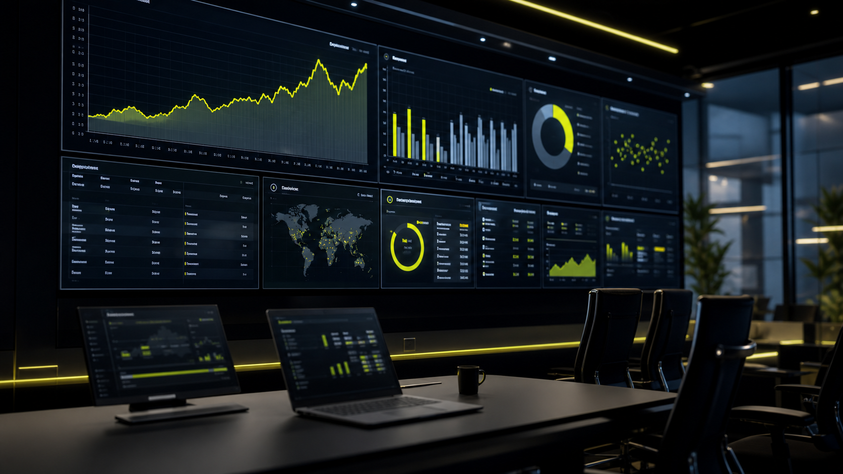 Enterprise analytics room with financial dashboard screens