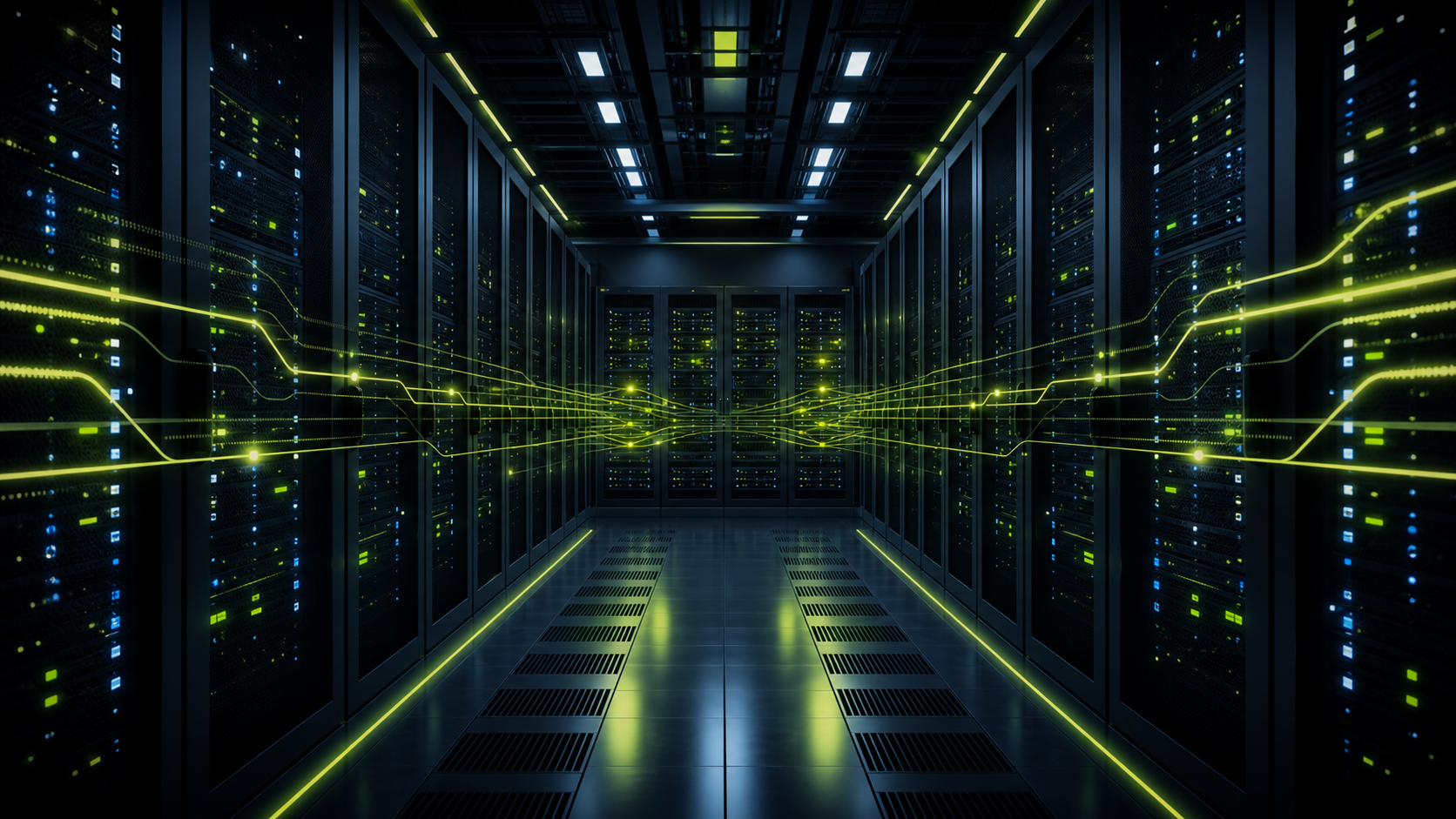 Modern data center corridor with secure data infrastructure